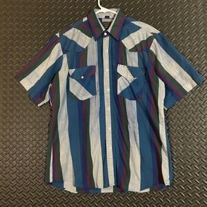 Rock‎ Creek Ranch Pearl Snap Western Short Sleeve Striped Blue White Shirt Large